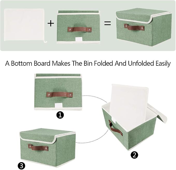2Pack Storage Bins Boxes with Lids 15"x10"x10" Decorative Storage Baskets | Cotton Linen Fabric, Collapsible, Faux Leather Handles, Storage Cubes, Closet Shelf Clothes Organizer Container, Green