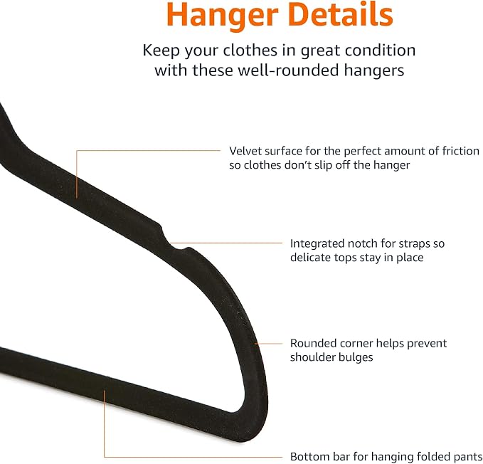 Amazon Basics Kids Space Saving Velvet Non-Slip Clothes Hangers with Shoulder Notches for Infant and Toddler, 11.6", Black, 50 Count (Pack of 4)