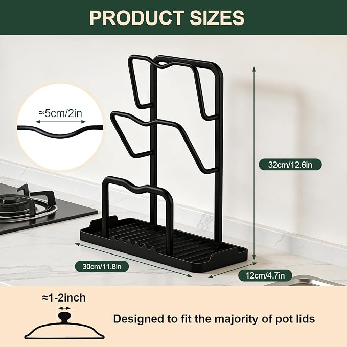 Kitchen Pot Lid Storage Rack: Carbon Steel Double Layer Pot Lid Organizer with Tray, Multifunctional Pot Lid Holder While Cooking, Saving Space Organizer Storage for Kitchen Countertop (Black)