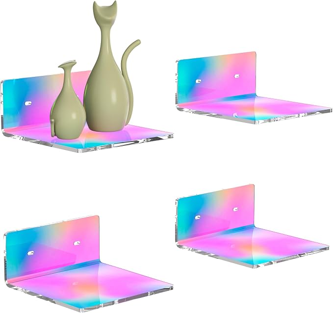 Sezanrpt 6 Inches Iridescent Small Wall Shelves, Acrylic Floating Shelf for Small Space, Acrylic Display Ledges for Funko Pop Figures, Home Décor, Plants, Smart Speaker, Digital Clock, 4 Pack