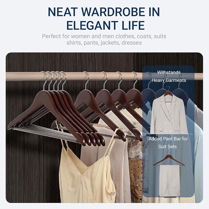 Amber Home 20 Pack Walnut Wooden Coat Hangers, Vintage Wood Suit Hangers with Non-Slip Pant Bar, Clothes Hangers for Closet Organization, Shirts, Jackets, Dresses, and Pants (Retro, 20)