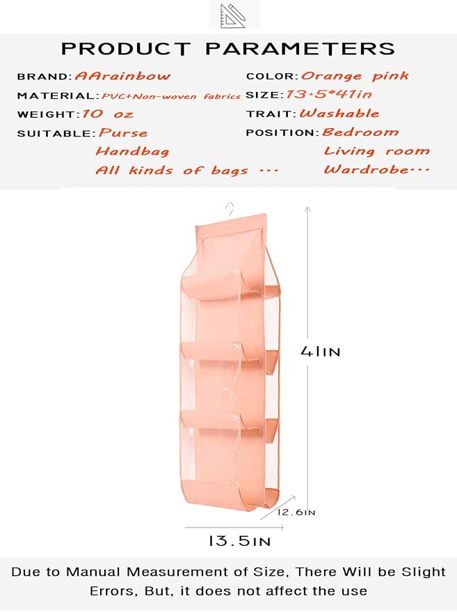 AARAINBOW 1 Pack Hanging Handbag Purse Organizer, Hand Bag Organizer Space Saving, 8 Pockets Wardrobe Organizer, Purse Holder for Closet, 46 L x 13.8W (B-Light Pink)