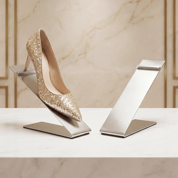 Therwen 4 Pcs Gold Shoe Display Stand Shoe Rack Stainless Steel Golden Metal Riser High Heel Display Rack Holder for Home Shopping Malls (Shape V,Silver)