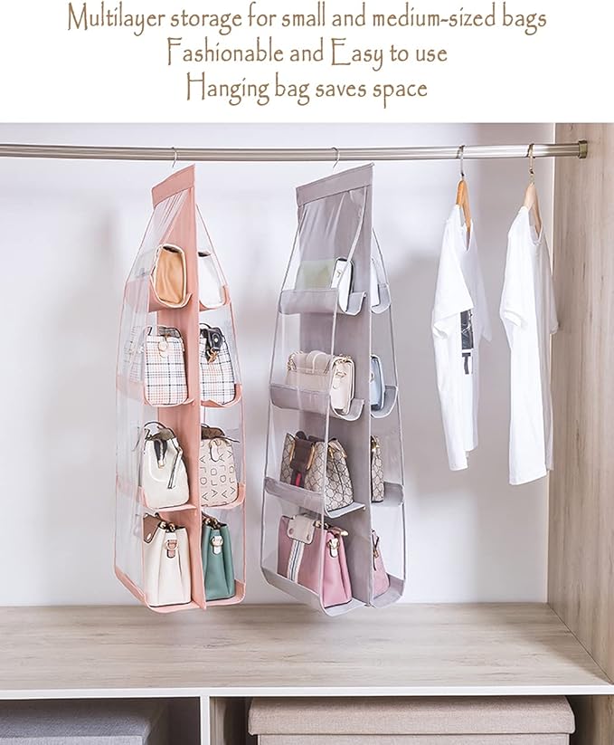 MURRI&MURRDI 2 Packs Hanging Handbag Organizer for Closet, Purse Storage Holder with 8 Easy Access Clear PVC Pockets, Womens Purse Hanger Bag for Wardrobe Door Wall Space Saving, Gray