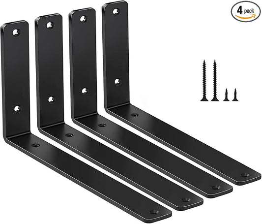 4 Pack - L 10" x H 6" x W1.5, 5mm Thick Black L Shelf Bracket, Iron Shelf Brackets, Metal Shelf Brackets, Floating Shelf, Shelf Supports with Screws
