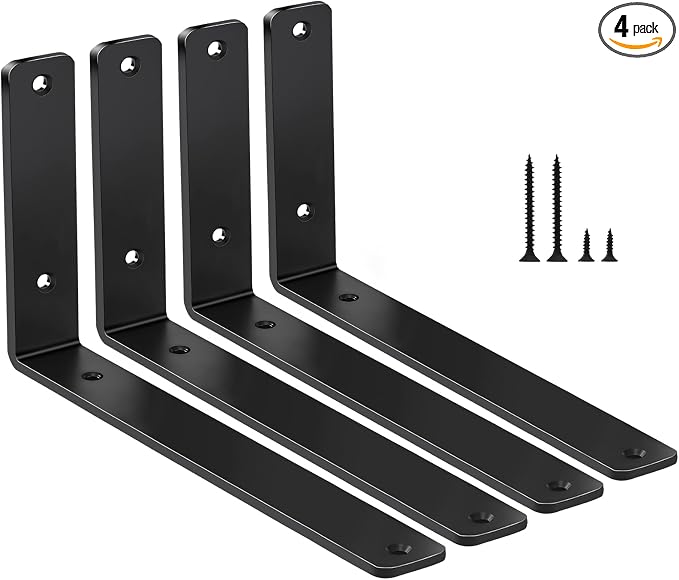 4 Pack - L 11" x H 6" x W1.5, 5mm Thick Black L Shelf Bracket, Iron Shelf Brackets, Metal Shelf Brackets, Floating Shelf, Shelf Supports with Screws