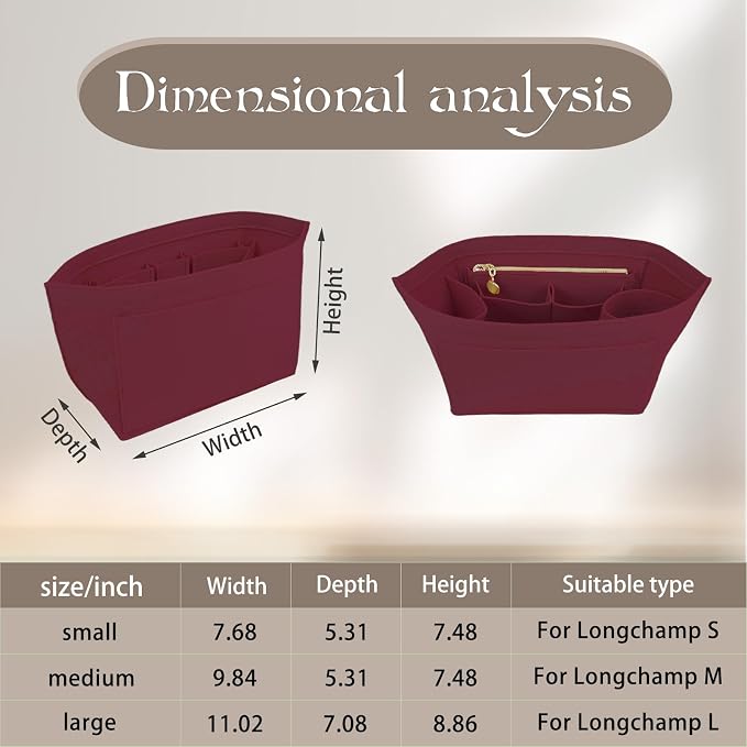 Lckaey Organizer Insert For Long Champ Le Pliage Purse organizer Premium Felt 1012-25Claret-S