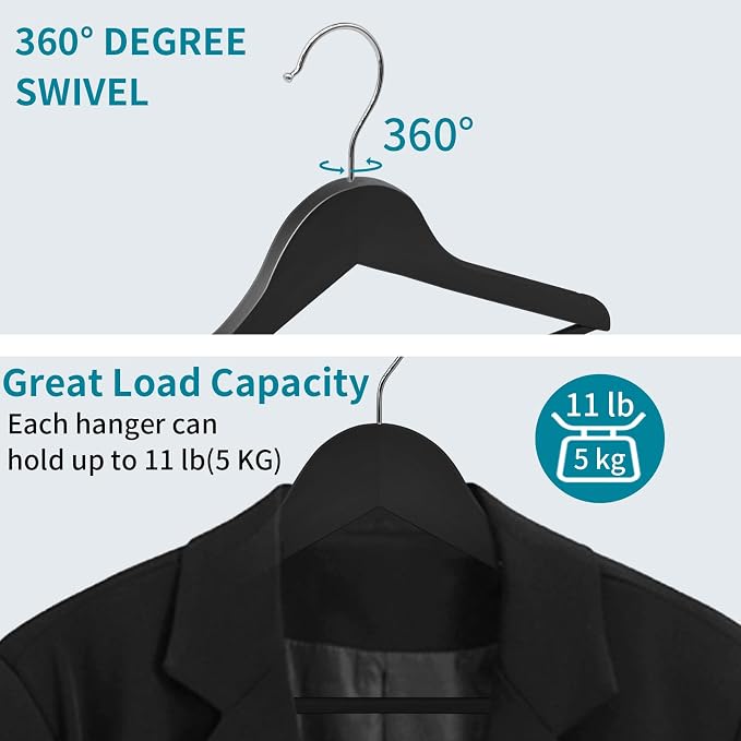 ABHENG 30 Pack Wooden Coat Hangers, 360° Swivel Hook, Suit Hangers with Anti-Slip Notches, Clothes Hangers for Jackets, Shirts, Dress, Black UAWY0530B