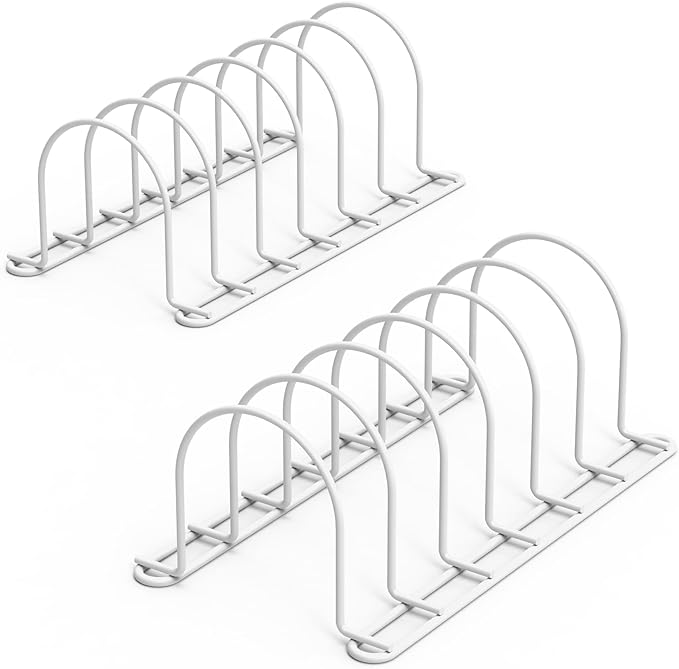 JAQ Plate Rack for Cabinet, 10.5" Vertical Dish Organizer for Plates, Pot Lids, Cutting Boards & Baking Sheets, Metal Kitchen Cabinet Organizer for Pantry Countertop (2-Pack, White)