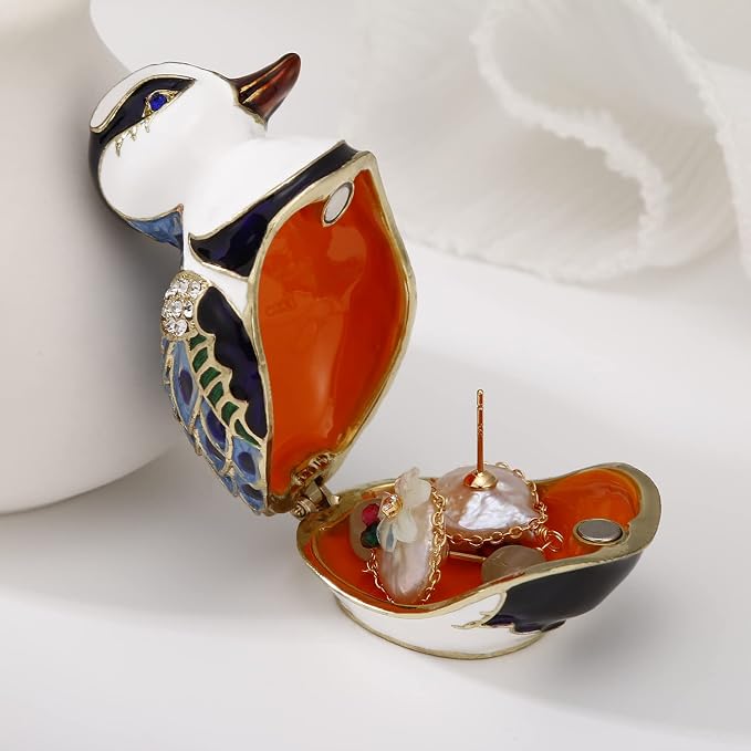 Hand Painted Enamel Duck Trinket Box for Home Decor, Hinged Jewelry Organizer for Ring Earrings, Unique Figurine Keepsake Collectible Personalized Elegant Handmade Ornament Gifts (Blue Cartoon Duck)