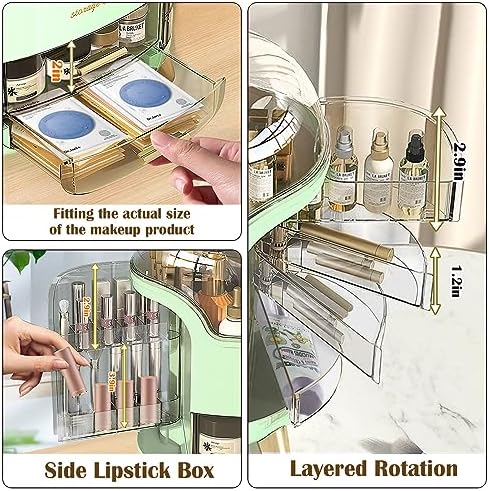 Makeup & Skincare Organizer Box for Countertop with Lid & Drawers, Green