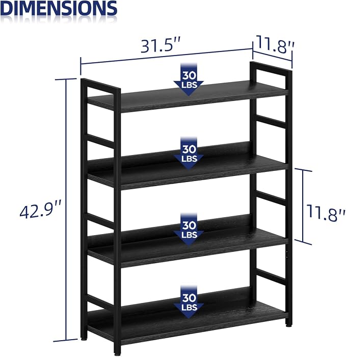 NUMENN 4 Tier Wide Bookshelf for Living Room and Home Office, Black | Bookshelves, Home Office Bookcase Shelf Storage Organizer, Free Standing Storage Shelving Unit for Bedroom