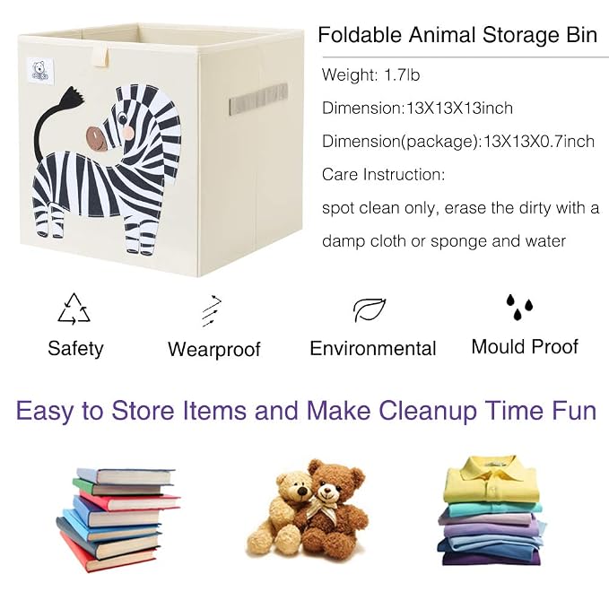 Foldable Animal Cube Storage Bins Fabric Toy Box/Chest/Organizer for Toddler/Kids Nursery, Playroom, 13 inch (Zebra)