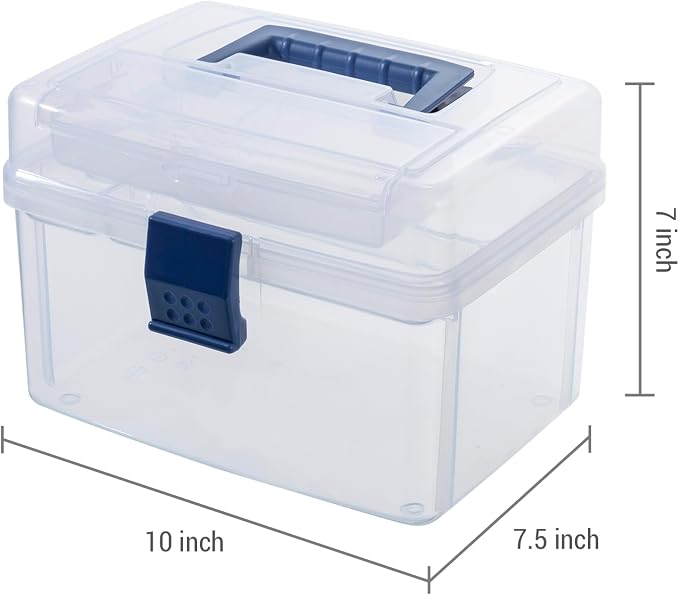 MyGift 10 Inch First Aid Clear Bin with Detachable Tray and Blue Quick Access Top Lid Flap, Portable Emergency Kit, Medical Supply Travel Tote, Medicine Storage Box Container (Navy)