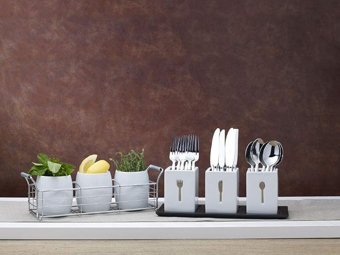 Towle Living 3-Piece Ceramic Caddy with Wood Tray, White, Black
