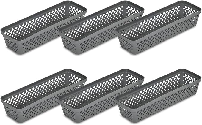 Glad Plastic Storage Basket Set - Multipurpose Drawer Trays, Kitchen Pantry Containers, and Bathroom Bins - 6 Pack Narrow Organizers, Grey