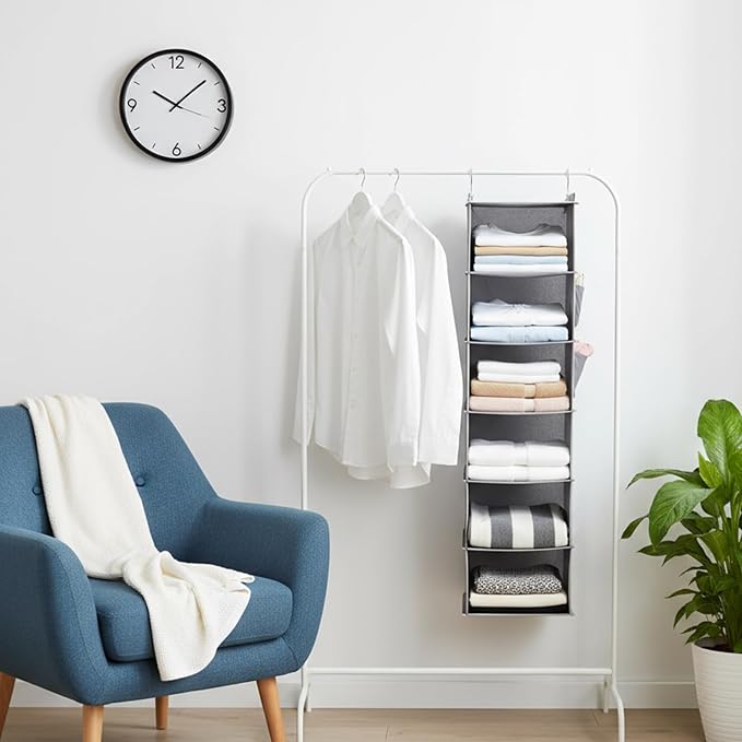 2 Pcs Hanging Closet Organizer, 6-Shelf Storage with 2 Side Pockets and Hooks, for Clothes Sweaters Shoes Accessories, Space-Saving for Dorm RV Small Closet, Grey