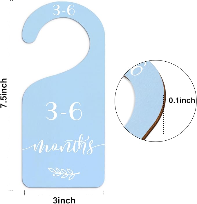 Whaline 7 Pcs Blue Wood Baby Closet Size Dividers with Velvet Bag Newborn to 24 Month Thicken Infant Wardrobe Hanger Organizers for Home Nursery Party Favors Supplies