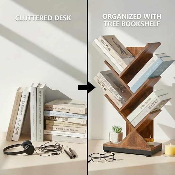 ruboka 5 Tier Tree Bookshelf, Small Bookcase 11.8"*7.4"*24" (Rustic Brown) | Retro Narrow Bookshelves for CDs/Magazines, Book Shelf for Bedroom, Living Room, Office, Balcony, Study Room