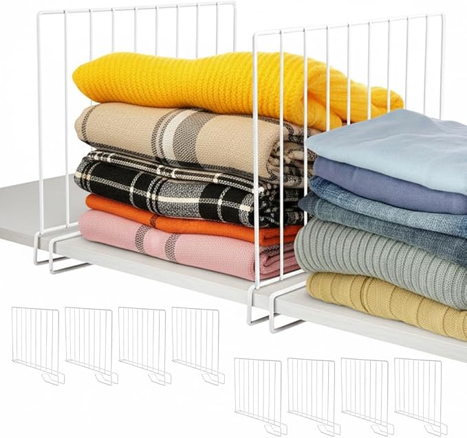 8-Pack 9“ Tall Metal Shelf Dividers for Closet Organization, Wardrobe, Bookshelf, Cabinet, Cupboard - Closet Shelf Dividers - Easy to Install - No Tool - White PE Coating Steel