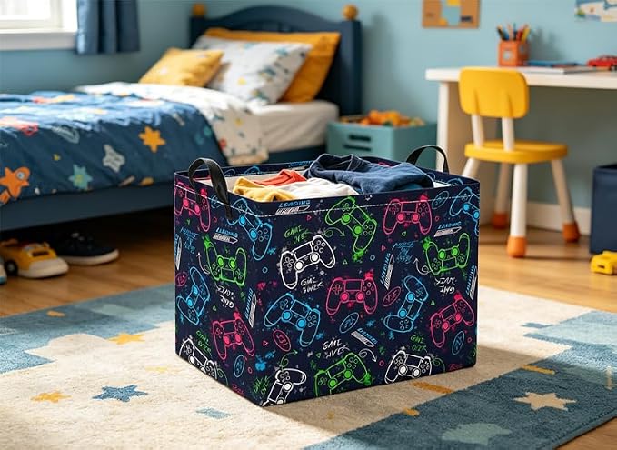 Rectangular Baby Kids Storage Basket for Home Kitchen Girls Cute Toy Storage Bin Organizer Shelf Book Room Decor(Blue Game)