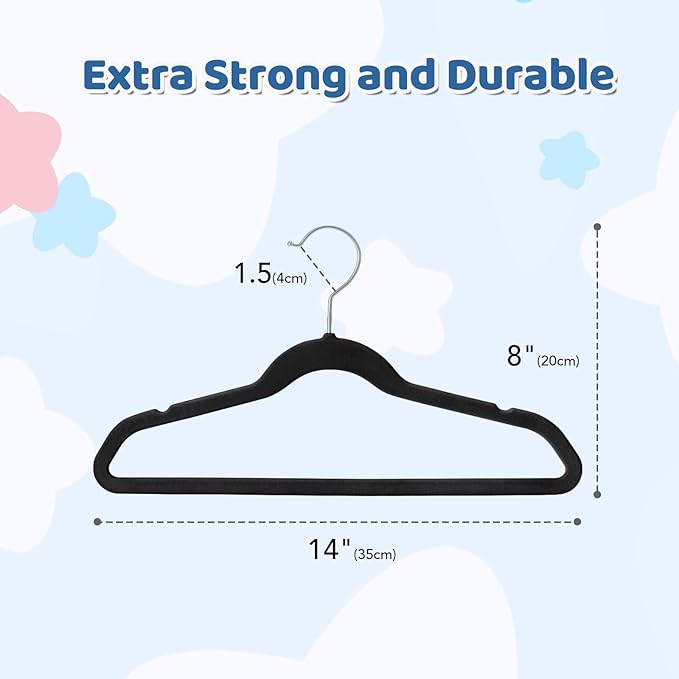 Smartor Premium 14 Inch Kids Hangers 50 Pack, Baby Velvet Hanger Non Slip | Black Space Saving Felt Hangers Clothes Organizers for Closet with 360° Swivel Hook for Children, Toddler & Teens