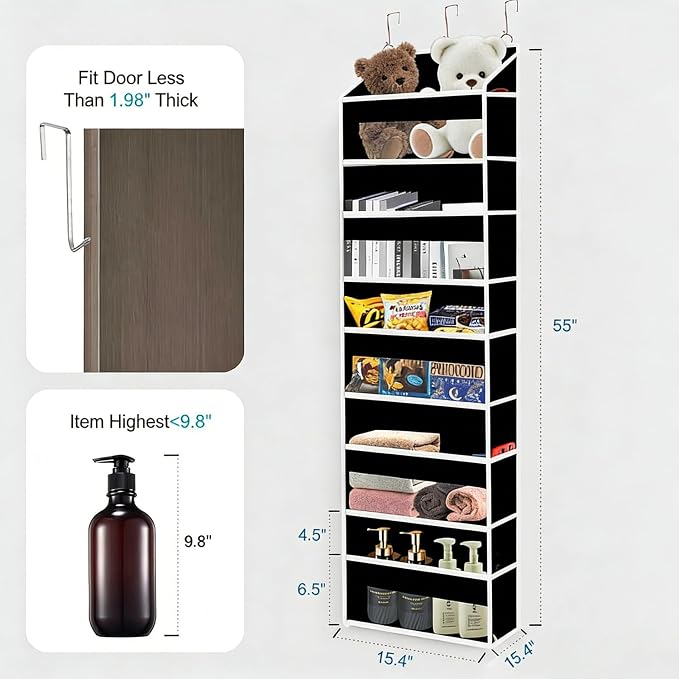 Over The Door Organizer Closet,5 Bins 10 Side Pockets,Hanging Organizer,Anti Tilt 44 lbs Load Door Organizers and Storage with Clear Window for Bedroom,Nursery,Rv,Bathroom,Camper(Pure Black)
