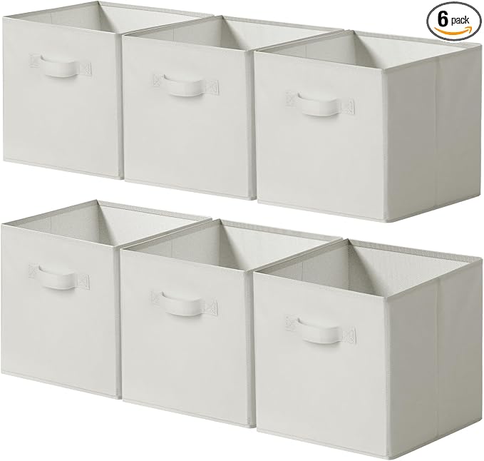 Cupic Cupid 11 Inch Storage Cube, Fabric Cube Storage Bin with Handles, Storage Cube Organizer for Clothes and Toys, Collapsible Cube Bins for Closet, Shelves, Nursery, 6-Pack, Beige