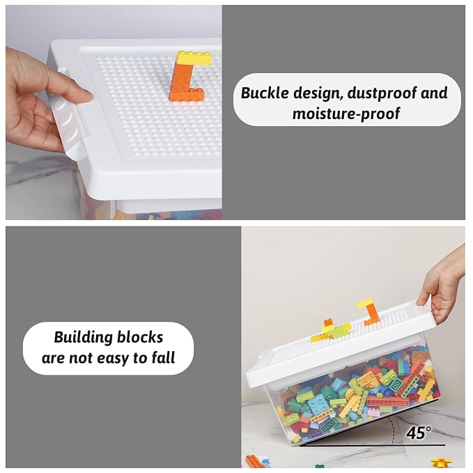 Plastic Storage Bins with Lids - 1 Set Stackable Arts Crafts Organizer Box with Removable Divided Tray &Compatible Building Baseplate,Toy Chest Containers for Bricks -White(14.37"x9.64"x6.69")