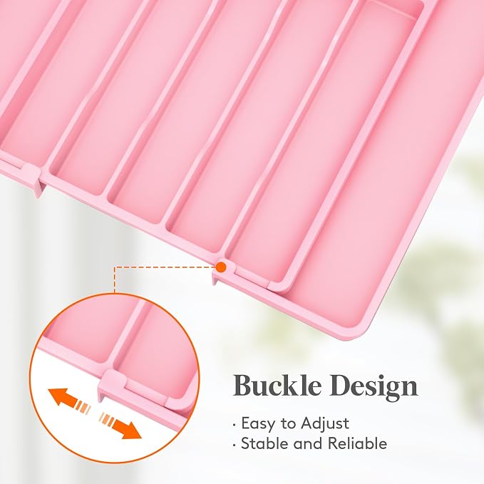 Lifewit Silverware Drawer Organizer, Expandable Utensil Tray for Kitchen, BPA Free Flatware and Cutlery Holder, Adjustable Plastic Storage for Spoons Forks Knives, 10.9"-17.5" x 13.7", Pink