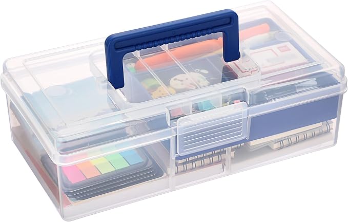 JUXYES Carry Craft Organizers Storage Box with Handle Lid and Diveded Tray | Clear Plastic Art Bin Sewing Storage Containers Tackle Box, 2 Layers Portable Storage Case for Craft, School Office Supplies