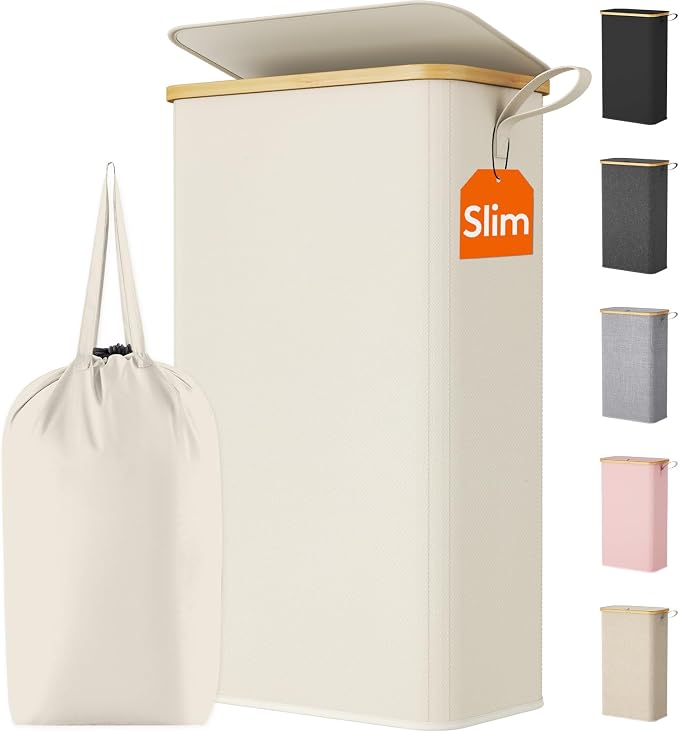 Lifewit 75L Slim Laundry Hamper with Lid, Narrow Laundry Basket with Removable Bag & Bamboo Handles, Fodable Thin Dirty Clothes Hamper for Laundry Collapsible Bin for Bathroom Bedroom Dorm, White