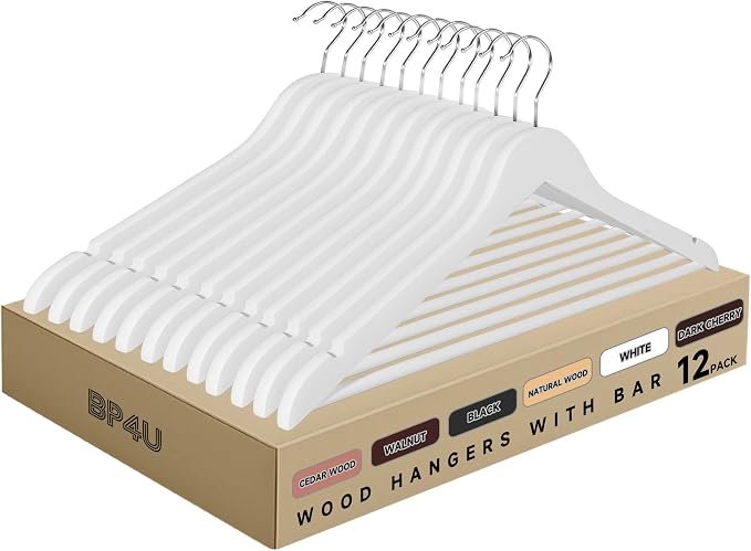 Quality Wooden Clothes Hangers, Solid Wood Suit & Coat Hangers with Pants Bars, Swivel Hook, Shoulder Notches, Heavy Duty Hangers for Shirts, Jackets, Dresses & Trousers(White/12-Pack)