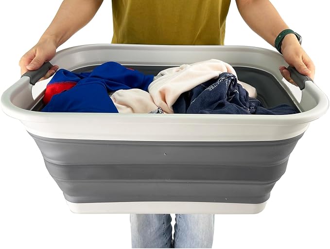 SAMMART 42L (11 Gallon) Collapsible Plastic Laundry Basket - Foldable Pop Up Storage Container/Organizer - Portable Washing Tub - Space Saving Hamper/Basket (1, Grey/Steel Grey)