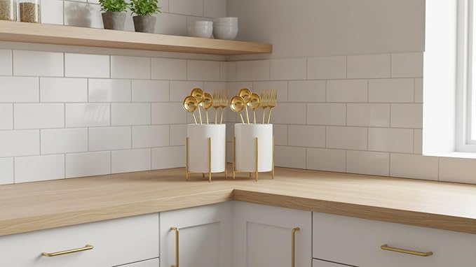 2pcs Sturdy Cutlery Holder White Ceramic With Metal Bracket Robust Silverware Caddy For Countertop - Spoon Holder Silverware Caddy