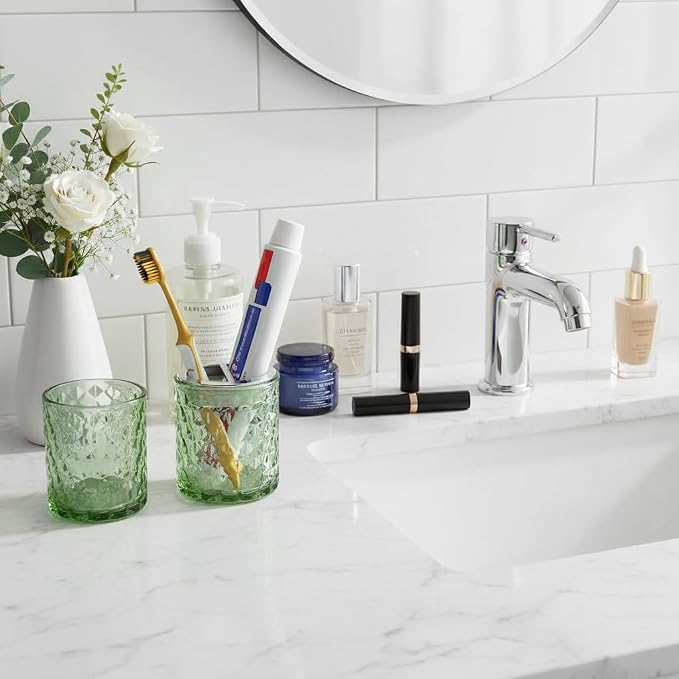 2pcs Toothbrush Holders for Bathrooms,Glass Toothbrush Holder and Bathroom Tumbler Set,Toothbrush and Toothpaste Holder with Divider,Bathroom Toothbrush Cup Holder (Green and Silver)