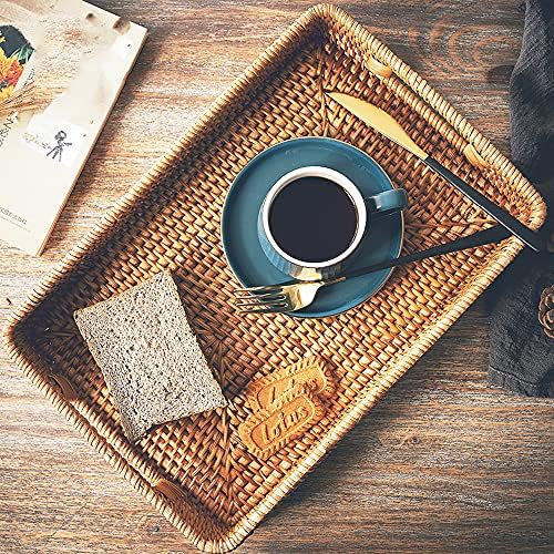 i-lan 13 Inch Handcrafted Serving Tray Rectangle Rattan Display Tray Plates with Cutout Handles and 2" Wall,Wicker Ottom