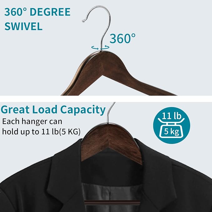 ABHENG 20 Pack Wooden Coat Hangers, 360° Swivel Hook, Suit Hangers with Anti-Slip Notches, for Jackets, Shirts, Dress, Dark Walnut, UAWY0520H