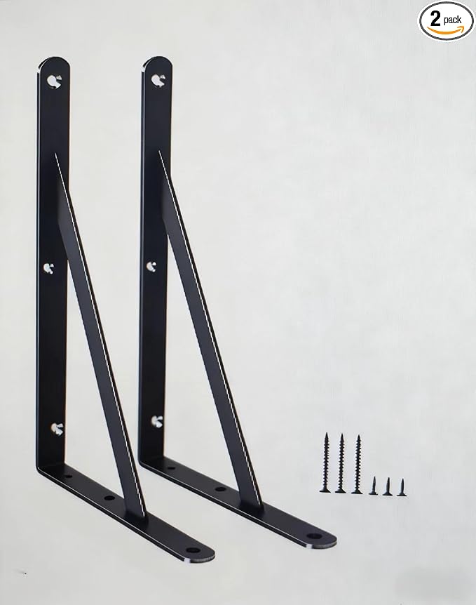 2 Pack L11 x H 8" Black Heavy Duty Shelf Brackets with Screws Metal Shelf Brackets Shelf Support Angle Brackets for Shelves L Brackets Heavy Duty Floating Shelf
