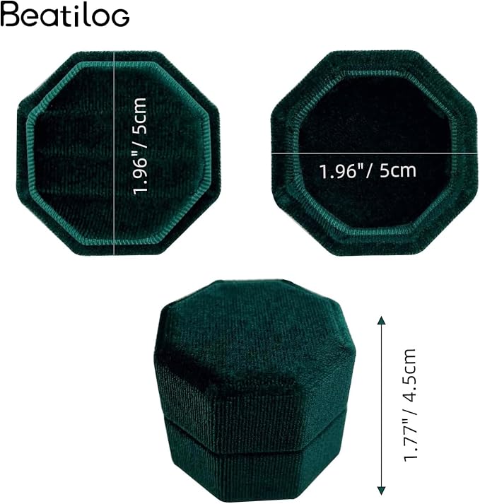Velvet Ring Box 3 Slots Wedding Day - Octagonal Premium Rings Holder Handmade Ring Bearer Jewelry Storage Organizer for Wedding Ceremony, Christmas, Photography Prop (Emerald)
