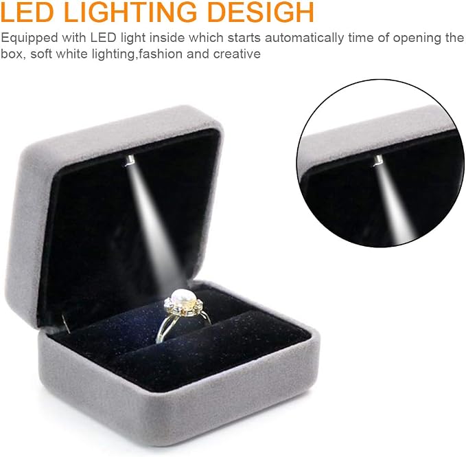 Velvet Ring Box with LED Light Jewelry Display Gift Box for Proposal,Engagement, Wedding