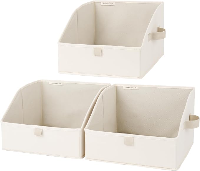 StorageWorks Closet Storage Bins, Trapezoid Organizer Box for Shelves, Fabric Clothes Bin, Foldable Organizing Baskets with Handles, Small, Beige, 3-Pack
