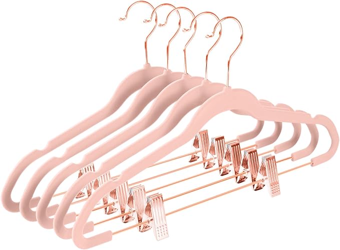 MIZGI Premium Velvet Pants Hangers with Clips (Pack of 30) Slim Skirt Hangers- Non Slip Felt Outfit Dress Hangers Blush Pink - Copper/Rose Gold Hooks,Space Saving Shirt Clothes Hangers