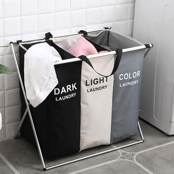 TEEM 3-Section Laundry Basket Organizer, Foldable Hamper with Dividers, 150L Large Capacity, Waterproof 600D Oxford Fabric, Freestanding Lightweight Clothes Sorter Bedroom, Dorm, Bathroom (24x15x26in)
