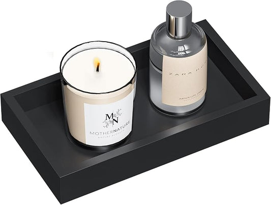 ZHWS Small Bathroom Vanity Tray for Countertop Makeup Perfume Decor Candle Jewelry, Small Kitchen Tray for Soap Dispenser Spice Sponge Holder Black Toilet Tray 7.9”L x 4.4”W x 1.14”H