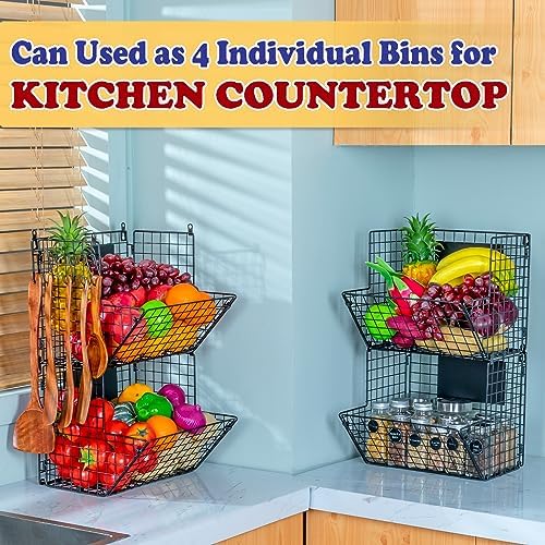 X-cosrack Metal Wire Basket Wall Mount, 4 Tier Extra Large Wall Storage Basket Organizer with Chalkboards, Kitchen Fruit