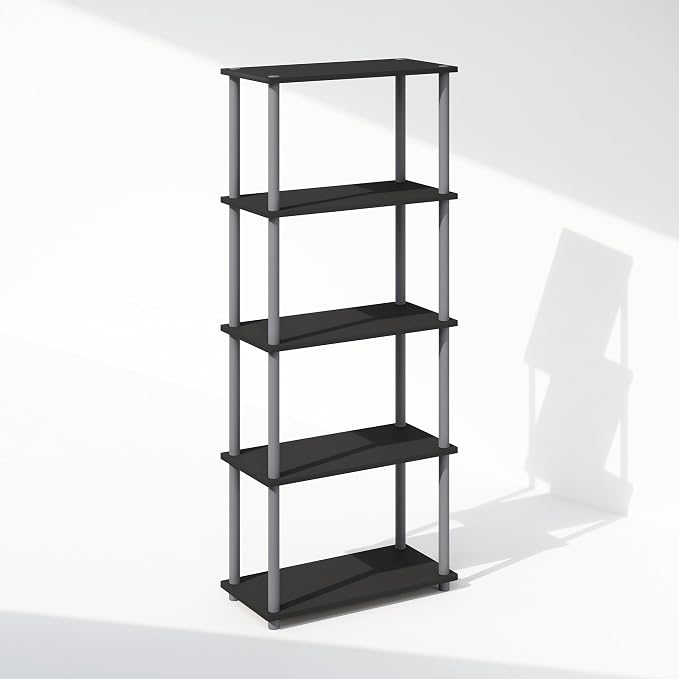 Furinno Turn-N-Tube Book Shelf, 5-Tier Bookshelf, Bookcase with Multipurpose Compact Display Rack, 11.6 x 23.6 x 57.4, for Living Room, Bedroom, Home Office, Black/Grey
