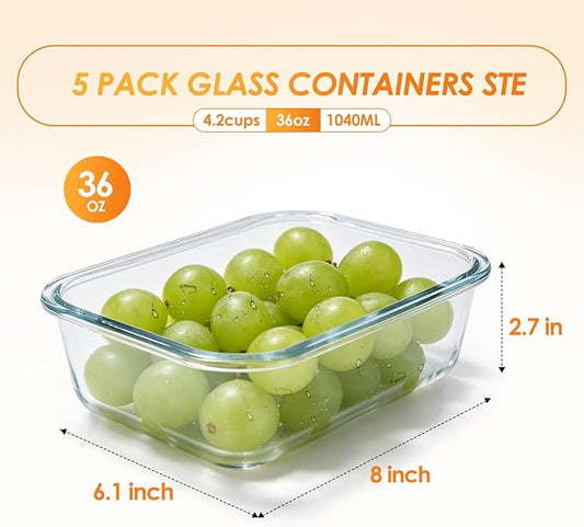 5 Pack 36oz Glass Storage Containers with Lids, Glass Meal Prep Food Container Sets with Snap Airtight Lid for Microwave, Oven, Freezer and Dishwasher, Grey