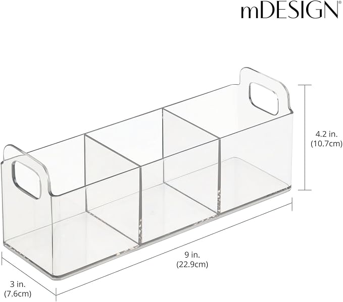 mDesign Plastic Condiment Organizer and Tea Bag Holder - 3-Compartment Kitchen Pantry/Countertop Storage Caddy - Divided Chip, Snack, Oatmeal Packet Holder - Lumiere Collection - 2 Pack, Clear