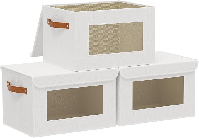 White Portable Storage Box,Closet Bin,10.2x7.8x6.7In,3Pack | Decorative Storage Bins with Lids,Shelf Baskets with Handles and Window,Fabric Closet Organizers,Sock Cube Container for Home